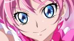  1girl anime_coloring bangs blue_eyes blurry blurry_background closed_mouth cure_melody dearigazu2001 earrings eyebrows_visible_through_hair hair_between_eyes heart heart_earrings highres jewelry looking_at_viewer pink_background pink_hair portrait precure shiny shiny_hair smile solo suite_precure 