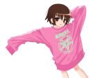  1girl absurdres blush_stickers brown_eyes brown_hair hand_up highres kill_me_baby long_sleeves looking_at_viewer merchandise nadegata oribe_yasuna oversized_clothes parted_lips pentacle pink_sweater satan short_hair simple_background sleeves_past_fingers sleeves_past_wrists solo standing stretch sweater white_background 