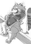 2020 ailurid anthro asian_clothing belly clothing east_asian_clothing eyewear footwear fundoshi glasses hi_res hysk japanese_clothing male mammal monochrome moobs nipples overweight overweight_male red_panda sandals sitting solo underwear 
