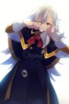  1girl ahoge ascot black_capelet black_dress braid buttons capelet character_name cis05 commentary_request crying crying_with_eyes_open dress eyebrows_visible_through_hair fate/grand_order fate_(series) hair_between_eyes long_hair long_sleeves lord_el-melloi_ii_case_files olga_marie_animusphere one_eye_closed red_neckwear side_braid simple_background single_braid solo tears teeth twitter_username white_background white_hair yellow_eyes 