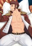  1boy abs absurdres bara beard bed blue_eyes brown_hair bulge chest collar epaulettes facial_hair fate/grand_order fate_(series) fringe_trim goatee highres jacket long_sleeves looking_at_viewer male_focus military military_uniform miqi_(nnaf3344) muscle napoleon_bonaparte_(fate/grand_order) open_clothes open_jacket open_shirt pants pectorals pillow scar sideburns smile solo thick_thighs thighs tight unbuttoned uniform white_pants 