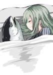  1girl closed_eyes fish green_hair highres kamatama kuso_zako_choroin_nishiga_hachi long_hair lying on_side pajamas saiba_mirai sleeping under_covers 