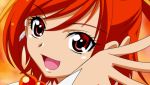  1girl :d anime_coloring bangs blurry blurry_background cure_sunny dearigazu2001 eyebrows_visible_through_hair hair_between_eyes highres open_mouth ponytail portrait precure red_eyes red_hair short_hair smile smile_precure! solo 