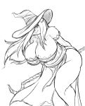  amara_(jwinkz) anthro big_breasts breasts cleavage clothed clothing female hair hair_over_eye hands_behind_back hat headgear headwear hi_res huge_breasts jwinkz leaning leaning_forward looking_at_viewer magic_user mammal monochrome one_eye_obstructed skimpy smile solo sorceress_(dragon&#039;s_crown) staff ursid wide_hips wind witch_hat 