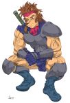  anthro armor bulge canid canine crouching looking_at_viewer male mammal melee_weapon muscular solo sword weapon xkoshiji 