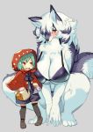  2017 4_toes age_difference ambiguous_gender anthro big_bad_wolf big_breasts bikini biped blue_body blue_fur blush breasts brown_eyes canid canine canis clothed clothing crossgender crouching curvy_figure duo female fingers fur green_hair grey_background hair human kemono kishibe little_red_riding_hood little_red_riding_hood_(copyright) mammal older_female red_eyes simple_background standing swimwear toes voluptuous white_body white_fur wolf 