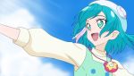  1girl :d anime_coloring blue_eyes blue_hair blue_sky blurry blurry_background cloud dearigazu2001 hagoromo_lala hair_ribbon hat highres jewelry long_sleeves necklace open_mouth outstretched_arms pink_ribbon pouch precure ribbon shiny shiny_hair shirt short_hair sky smile solo star-shaped_pupils star_(symbol) star_twinkle_precure symbol-shaped_pupils upper_body white_headwear white_ribbon white_shirt 