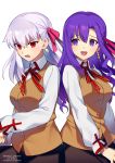  2girls artist_name breasts brown_vest collared_shirt earrings eyebrows_visible_through_hair eyes_visible_through_hair fate/grand_order fate/stay_night fate_(series) hair_between_eyes hair_ribbon highres homurahara_academy_uniform jewelry kama_(fate/grand_order) long_hair long_sleeves looking_at_viewer matou_sakura medium_breasts medium_hair meiji_ken multiple_girls neck_ribbon open_mouth parvati_(fate/grand_order) purple_eyes purple_hair red_eyes red_ribbon ribbon school_uniform shirt simple_background tareme tsurime twitter_username upper_body vest watermark white_background white_shirt 