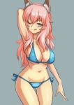  1girl animal_ear_fluff animal_ears bikini blue_bikini breasts cleavage collarbone eyebrows_visible_through_hair fate/grand_order fate_(series) fox_ears fox_girl fox_tail grey_background groin large_breasts long_hair navel one_eye_closed pink_hair shinsaku_(stan-art) side-tie_bikini simple_background solo swimsuit tail tamamo_(fate)_(all) tamamo_no_mae_(swimsuit_lancer)_(fate) tongue yellow_eyes 