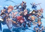  arc_system_works black_jacket blazblue blazblue:_cross_tag_battle blonde_hair blue_background blue_eyes blue_hair blush brown_hair charlotta_fenia closed_eyes closed_mouth confetti es_(xblaze) fedora fingerless_gloves gloves gran_(granblue_fantasy) granblue_fantasy granblue_fantasy_versus green_eyes green_hair harvin hat hazama highres holding holding_sword holding_weapon izanagi jacket jin_kisaragi katana long_hair lyria_(granblue_fantasy) narmaya_(granblue_fantasy) narukami_yuu official_art open_mouth persona persona_4 purple_hair red_hair ruby_rose rwby shadow simple_background smile sword very_long_hair weapon zeta_(granblue_fantasy) 