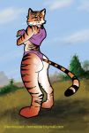  anthro breasts butt cat_tail cheek_tuft clothed clothing clothing_lift digitigrade facial_tuft felid female green_eyes looking_at_viewer looking_back mammal outside pantherine rear_view shirt shirt_lift side_boob smile solo standing stripes tentreesart tiger topwear tuft undressing 