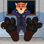  3_toes 4_fingers anthro badge barefoot bottomwear canid canine chair claws clothed clothing dirty dirty_feet disney feet feet_up fingers foot_fetish foot_focus fox fully_clothed furniture grang34 hands_behind_head hi_res looking_at_viewer male mammal necktie nick_wilde pants pawpads paws police_uniform red_fox shirt signature sitting smile soles solo spread_toes table toe_claws toe_curl toes topwear uniform zootopia 