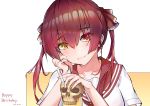  1girl absurdres bangs chin_rest collarbone cup drink drinking_straw hair_between_eyes hair_ribbon happy_birthday heterochromia highres hololive hongshao_tang_gua houshou_marine long_hair looking_at_viewer red_eyes red_hair red_ribbon red_sailor_collar ribbon sailor_collar school_uniform shirt short_sleeves skull solo twintails virtual_youtuber white_shirt yellow_eyes 