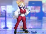  2020 4:3 annoyed anthro avian beak bird blonde_hair blue_eyes bottomwear breasts clothing dialogue dracojeff english_text feathers female footwear hair high_heels navel open_mouth outside pants shoes solo standing text white_body white_feathers 