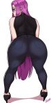  1girl alecto_0 ass ass_focus bent_over black_footwear denim fate/grand_order fate_(series) glasses high_heels highres jeans lips looking_back mature pants purple_eyes purple_hair ribbed_sweater rider shadow sidelocks sleeveless_sweater sweater thighs white_background 