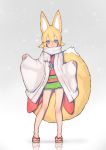  2019 absurd_res ambiguous_gender animal_humanoid blonde_hair blush bottomwear canid canid_humanoid canine canine_humanoid clothing footwear fox_humanoid fukutchi_(artist) green_eyes hair hi_res humanoid looking_at_viewer mammal mammal_humanoid sandals scarf simple_background skirt smile solo standing 