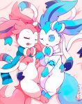  ;o alternate_color artist_name blue_fur blue_scarf bow closed_eyes feet_together gen_6_pokemon highres lying no_humans on_bed on_side one_eye_closed pink_blanket pink_fur pointy_ears pokemon pokemon_(creature) purpleninfy ribbon scarf shiny_pokemon smartwatch sylveon tail white_fur 