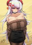  1girl absurdres anger_vein angry aran_sweater azur_lane belfast_(azur_lane) belfast_(shopping_with_the_head_maid)_(azur_lane) beret black_skirt blush braid breasts brown_sweater choker cleavage cowboy_shot earrings eyebrows_visible_through_hair french_braid frown fujimura_13 hat highres hoop_earrings jewelry large_breasts long_hair off-shoulder_sweater off_shoulder open_mouth pencil_skirt purple_eyes red_headwear sash silver_hair skirt solo sweater v-shaped_eyebrows white_sash 