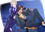  2boys animal_ears bangs blonde_hair blue_eyes braid brown_hair chair dark_skin dark_skinned_male formal gloves green_eyes hair_between_eyes leona_kingscholar lion_ears long_hair long_sleeves male_focus multiple_boys necktie purple_eyes sachico66 short_hair simple_background sitting smile suit twin_braids twisted_wonderland vil_schoenheit 