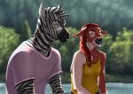  anthro bovid bovine cattle clothed clothing darzycat duo ear_piercing ear_ring equid equine eyewear female forest glasses hair male male/female mammal piercing red_body red_hair shirt smile stripes t-shirt topwear tree water watermark white_body zebra 