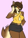  anthro blue_eyes breasts brown_body brown_fur canid canine canis clothed clothing digital_media_(artwork) female fur hair hi_res looking_at_viewer lucy_lupa mammal pose simple_background smile solo thick_thighs wolf 