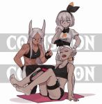  3girls abs absurdres animal_ears bangs barefoot black_bodysuit black_hairband black_nails bodysuit bodysuit_under_clothes boku_no_hero_academia boridongja breasts bunny_ears character_request cleavage collarbone collared_shirt commentary_request commission crossover dark_skin dynamax_band fingerless_gloves gloves grey_eyes hairband highres index_finger_raised korean_commentary legs_up long_hair mirko multiple_girls nail_polish pointy_ears pokemon pokemon_(game) pokemon_swsh print_shirt print_shorts rabbit_girl red_eyes saitou_(pokemon) shirt short_hair short_sleeves shorts sitting soles tied_shirt toes white_hair yoga_mat 