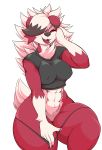  abs anthro big_breasts breasts canid canine clothing danonymous female genitals hi_res looking_at_viewer lycanroc mammal midnight_lycanroc muscular muscular_female navel nintendo nipple_outline open_mouth pok&eacute;mon pok&eacute;mon_(species) pussy simple_background solo thick_thighs tongue tongue_out underwear video_games white_background wide_hips 