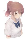  1girl bangs blue_bow blush bow bowtie breasts brown_eyes brown_hair commentary_request iku_(ikuchan_kaoru) koe_no_katachi looking_at_viewer medium_hair nishimiya_shouko ponytail shadow shiny shiny_hair shirt short_sleeves sidelocks simple_background small_breasts smile solo upper_body white_background white_shirt 