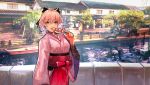  1girl black_bow boat bow building cityscape dango fate/grand_order fate_(series) food hair_bow hakama half_updo holding holding_food japanese_clothes kimono okita_souji_(fate) okita_souji_(fate)_(all) open_mouth outdoors pink_hair pink_kimono red_hakama solo tarbo_(exxxpiation) wagashi watercraft wide_sleeves yellow_eyes 