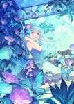  1girl :d ahoge animal bangs bare_arms bare_shoulders black_cat blue_bow blue_dress blue_flower blue_hair blush bow bracelet breasts bug butterfly cat commentary_request dress earrings eyebrows_visible_through_hair floating_hair floral_print flower hair_between_eyes hair_flower hair_ornament hand_up highres ikari_(aor3507) indoors insect jewelry long_hair medium_breasts open_mouth original print_dress purple_eyes purple_flower sleeveless sleeveless_dress smile solo standing stud_earrings twitter_username very_long_hair white_flower wind_chime 