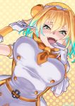  +_+ 1girl bangs blonde_hair blue_eyes blush bombergirl breasts commentary_request eyebrows_visible_through_hair fangs gloves grenade_hair_ornament half-closed_eyes hands_up highres kumamiya large_breasts looking_at_viewer multicolored_hair open_mouth orange_neckwear pine_(bombergirl) polka_dot polka_dot_background short_hair smile solo tongue two-tone_hair white_gloves yellow_pupils 