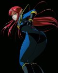  1girl ass black_background black_footwear black_gloves boots closed_mouth gloves haruyama_kazunori iczer-2 iczer_(series) long_hair looking_at_viewer pointy_ears red_eyes red_hair simple_background solo tatakae!!_iczer-1 