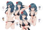  1girl aequorine arm_support arm_under_breasts arms_between_legs ass back bangs banned_artist bare_shoulders bikini black_bikini blue_eyes blue_hair breasts byleth_(fire_emblem) byleth_(fire_emblem)_(female) character_request cleavage closed_mouth collarbone eyebrows_visible_through_hair fire_emblem fire_emblem:_three_houses flower hair_between_eyes hair_flower hair_ornament halterneck hand_in_hair long_hair looking_at_viewer looking_to_the_side navel off_shoulder sideboob smile swimsuit thighs wrist_bow 