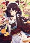  animal_ears apron bangs black_hair black_kimono blush chocolate cream dog_ears dog_girl dog_hair_ornament dog_tail finger_licking flask_(pandora) flower food frilled_apron frills fruit furisode hair_flower hair_ornament heterochromia highres holding inui_toko japanese_clothes kimono licking long_hair long_sleeves looking_at_viewer low_twintails maid_headdress nijisanji obi open_mouth orange orange_slice pie red_eyes red_flower sash sleeves_past_wrists solo strawberry tail tart_(food) tongue twintails very_long_hair virtual_youtuber wa_maid wide_sleeves yellow_eyes 