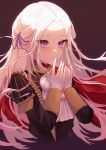  1girl aftergardens black_coat bow capelet cleavage_cutout closed_mouth coat commentary edelgard_von_hresvelg epaulettes eyelashes fire_emblem fire_emblem:_three_houses floating_hair forehead garreg_mach_monastery_uniform gloves hair_bow hair_ribbon highres long_hair looking_away purple_bow purple_eyes purple_ribbon red_capelet ribbon signature solo uniform very_long_hair white_gloves white_hair 