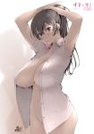  1girl armpits breasts cleavage condom condom_in_mouth condom_wrapper hairband highres large_breasts long_hair mdf_an mouth_hold navel no_pants open_clothes open_shirt original ponytail shirt simple_background 
