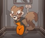  angry anthro brown_body brown_eyes brown_fur chain chained clothed clothing collar digital_media_(artwork) fatzoimp fur guardians_of_the_galaxy hi_res male mammal marvel multicolored_body multicolored_fur multicolored_tail prison prison_cell prisoner procyonid raccoon raccoon_tail rocket_raccoon solo 