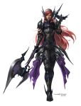  1girl absurdres armor axe cherche_(fire_emblem) daniel_deng dragoon_(final_fantasy) final_fantasy final_fantasy_xiv fire_emblem fire_emblem_awakening full_armor full_body gauntlets hairband highres holding holding_axe lips long_hair pauldrons pink_eyes pink_hair scale_armor shoulder_armor signature simple_background solo standing white_background 