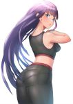  1girl ass back bangs bare_shoulders black_bra black_pants blue_eyes blush bra breasts fate/grand_order fate_(series) highres large_breasts long_hair looking_at_viewer looking_back open_mouth otsukemono pants purple_hair saint_martha simple_background sports_bra tight tight_pants underwear white_background 