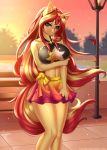  2020 5_fingers absurd_res anthro anxiety-chan blush bottomwear clothing digital_media_(artwork) equestria_girls equid equine eyebrows eyelashes female fingers hi_res horn looking_at_viewer mammal my_little_pony navel outside skirt solo sunset_shimmer_(eg) unicorn unicorn_horn 