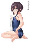  1girl aqua-framed_eyewear barefoot black_hair blue_swimsuit blush ebifurya full_body glasses green_eyes highres holding holding_towel kantai_collection looking_at_viewer multicolored_hair okinami_(kantai_collection) one-piece_swimsuit open_mouth pink_hair short_hair simple_background solo swimsuit toes towel twitter_username white_background white_towel 