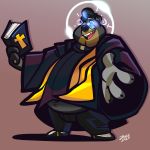  1:1 absurd_res anthro black_bear book clothing datburrsteve eyewear glasses glowing glowing_eyes halo hand_out hi_res joveehusky male mammal overweight overweight_male priest robe solo ursid ursine 