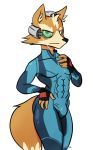  2020 5_fingers abs anthro bulge canid canine connivingrat fingers fox fox_mccloud front_view fur hand_on_hip hi_res male mammal metroid nintendo signature simple_background smile solo standing star_fox video_games visor white_background yellow_body yellow_fur zero_suit 