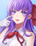  1girl bangs bare_shoulders bb_(fate)_(all) bb_(fate/extra_ccc) blue_background blush breasts closed_mouth fate/extra fate/extra_ccc fate_(series) gloves hair_ribbon highres large_breasts leotard long_hair looking_at_viewer neck_ribbon purple_eyes purple_hair red_ribbon ribbon smile soramame_pikuto tongue tongue_out very_long_hair white_gloves white_leotard 
