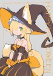  2019 animal_humanoid blonde_hair canid canid_humanoid canine canine_humanoid choker clothing cute_fangs dress fox_humanoid fukutchi_(artist) green_eyes hair halloween hat headgear headwear holidays humanoid jewelry looking_aside mammal mammal_humanoid necklace simple_background smile solo witch_hat young 