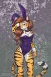  2:3 alex_marx anthro breasts brown_hair chest_tuft claws clothing fangs felid female hair hi_res long_hair looking_at_viewer mammal pantherine playboy_bunny reaper3d simple_background solo striped_body stripes tattoo tiger tuft 