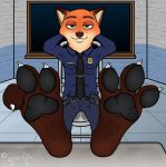  3_toes 4_fingers anthro badge barefoot bottomwear canid canine chair claws clothed clothing disney feet feet_up fingers foot_fetish foot_focus fox fully_clothed furniture grang34 hands_behind_head hi_res looking_at_viewer male mammal necktie nick_wilde pants pawpads paws police_uniform red_fox shirt signature sitting smile soles solo spread_toes table toe_claws toe_curl toes topwear uniform zootopia 