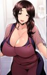  1girl :d apron breasts brown_eyes brown_hair cleavage collarbone commentary_request dress hair_over_shoulder highres huge_breasts leaning_forward long_hair low_tied_hair mature mole mole_under_eye open_mouth original purple_dress red_apron see-through short_sleeves smile umasan 