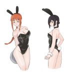 2girls alternate_costume animal_ears arms_behind_back bangs black_choker black_hair braid braided_ponytail breasts brown_hair bunny_ears bunny_girl bunny_tail bunnysuit chainsaw_man choker dd36051 eyebrows green_eyes highres large_breasts leotard makima_(chainsaw_man) medium_breasts medium_hair multiple_girls reze_(chainsaw_man) ringed_eyes short_hair simple_background smile tail white_background yellow_eyes 