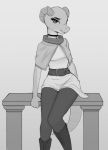  2020 anthro belt biped boots bottomwear breasts choker clothed clothing digital_media_(artwork) dragon dress eyebrows female footwear hi_res horn jewelry kobradraws looking_at_viewer monochrome necklace portrait scar simple_background sitting solo topwear white_background 